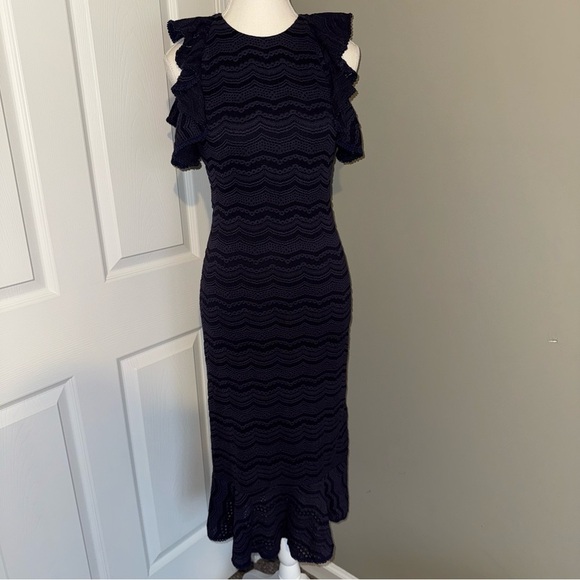 Slate & Willow Lined Midnight Blue Ruffle Sheath Midi Dress Romance Date Night - Picture 3 of 14